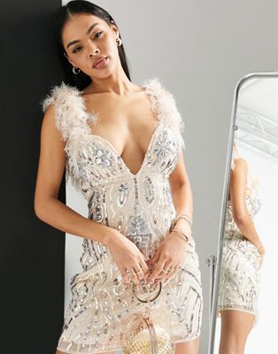 ASOS LUXE embellished gemstone mini dress with faux feathers in blush - ASOS Price Checker
