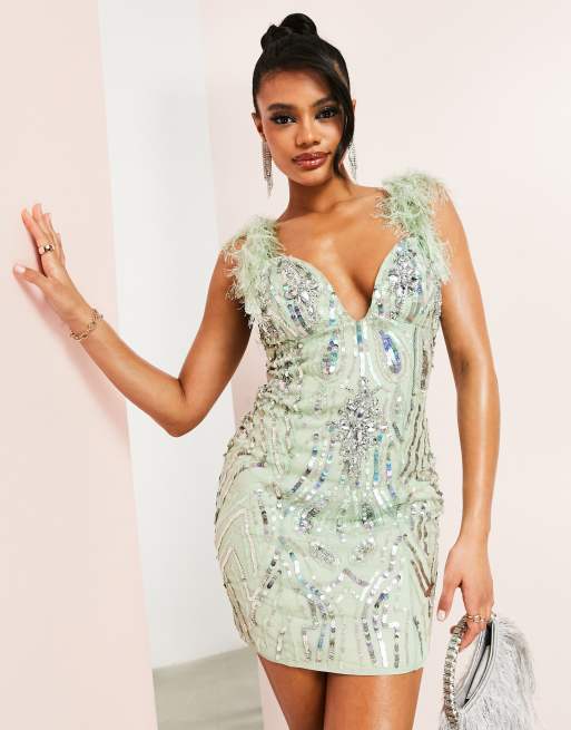 ASOS Luxe Embellished Gemstone Mini Dress with Faux Feathers in Mint-Green