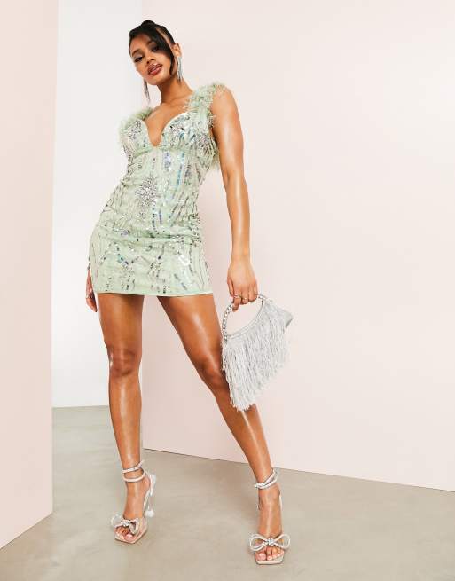 ASOS LUXE embellished gemstone mini dress with faux feathers in mint | ASOS