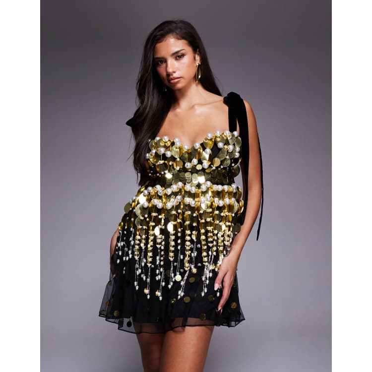 ASOS LUXE embellished gold and Black baby doll mini dress with velvet tie straps