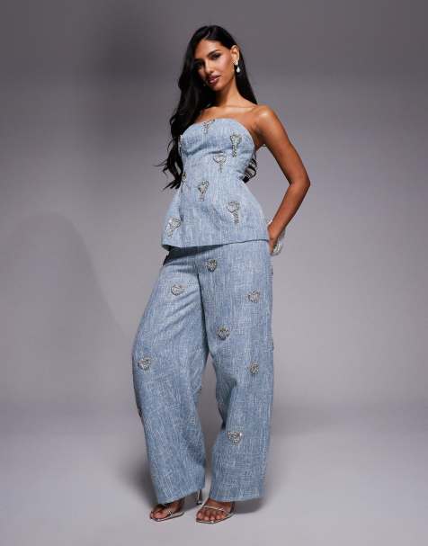 ASOS LUXE embellished heart barrel pants in blue boucle - part of a set - view 1