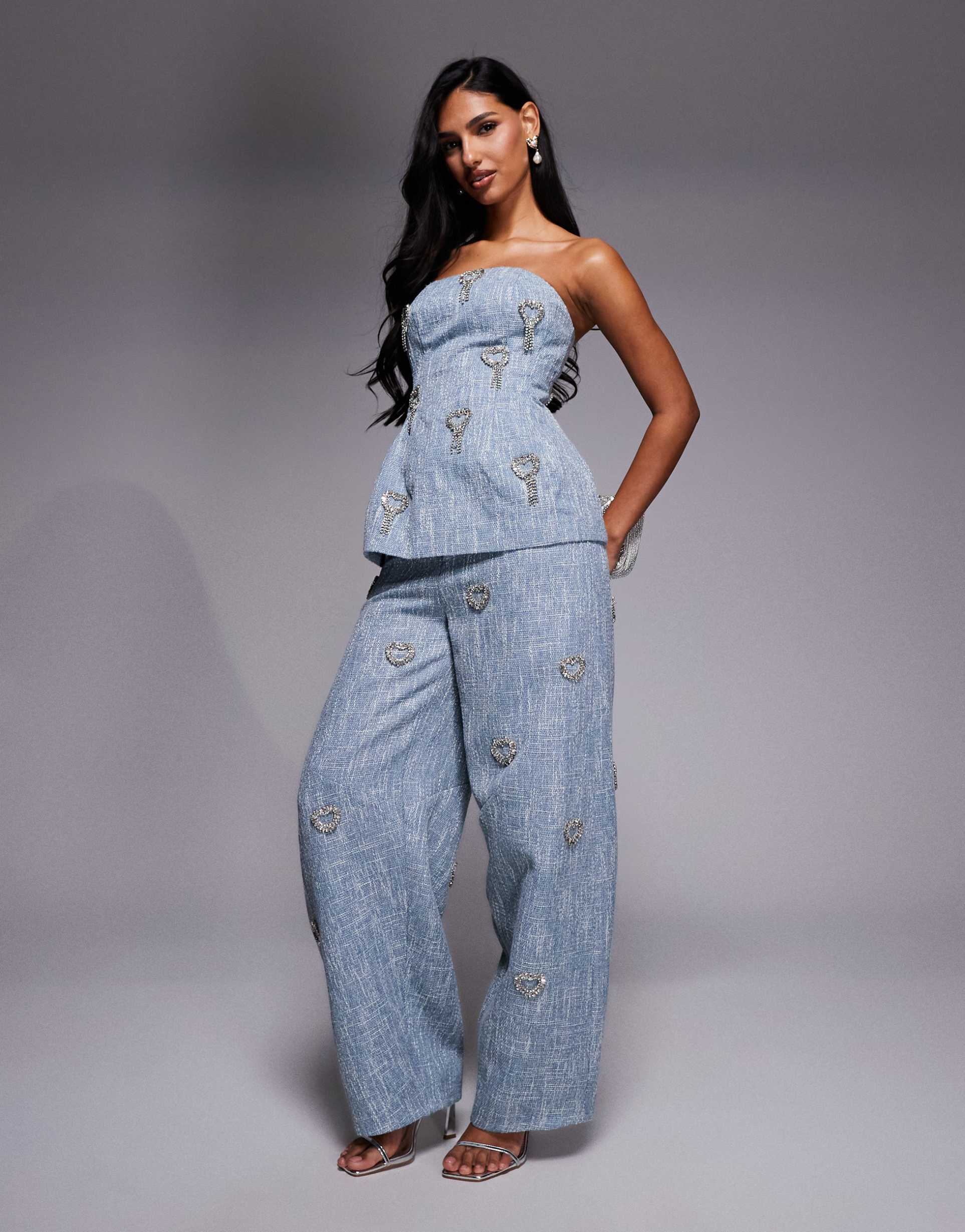 asos luxe embellished heart barrel pants in blue boucle - part of a set
