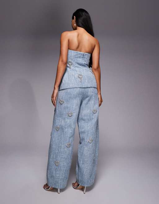ASOS LUXE embellished heart barrel pants in blue boucle - part of a set, 4 of 5