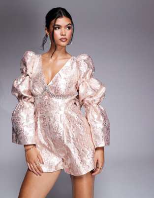 ASOS LUXE ASOS LUXE embellished jacquard playsuit with bow back in pink