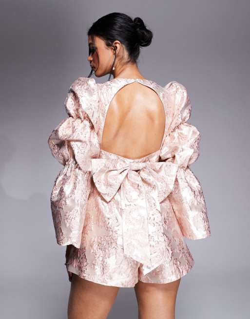 ASOS LUXE embellished jacquard romper with bow back in pink | ASOS