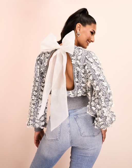 ASOS LUXE embellished knit sweater with organza bow back in light gray