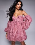 [ASOS LUXE] ASOS LUXE embellished lace bandeau bubble mini dress in rose-Multi 6 PINK