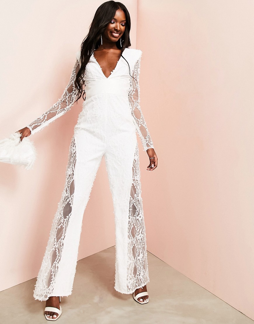 ASOS LUXE embellished lace plunge jumpsuit-White