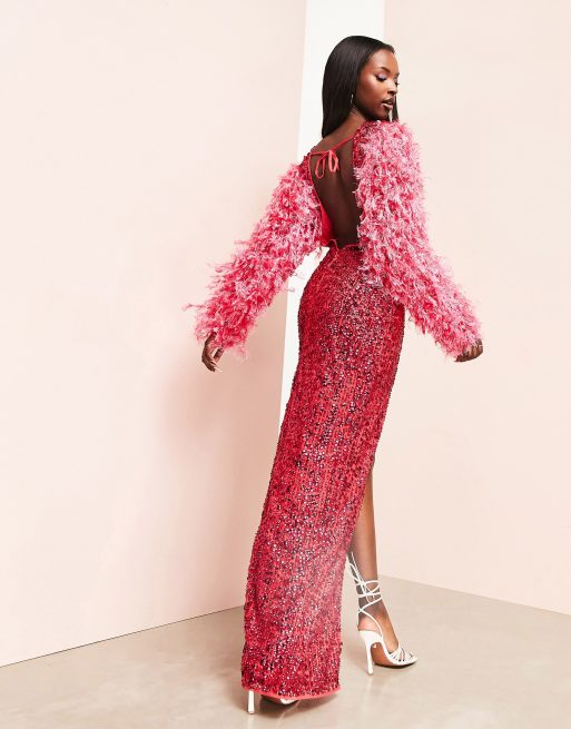 ASOS LUXE embellished maxi dress with faux feather sleeves in red