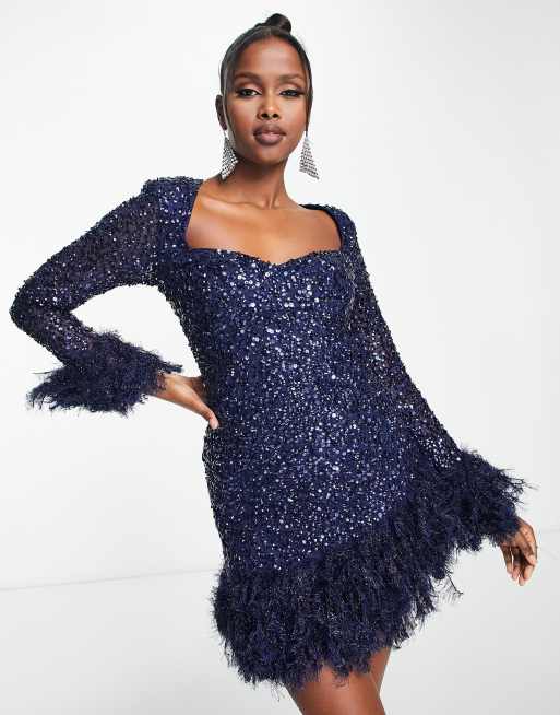 Embellished sequin maxi dress hotsell with faux feather trim