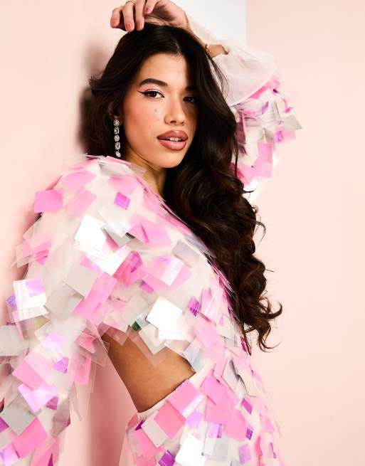 sachin and babi light blue dress ASOS LUXE Curve One Shoulder Asymmetric Draped Mini Dress In Pink Sequin  for Women