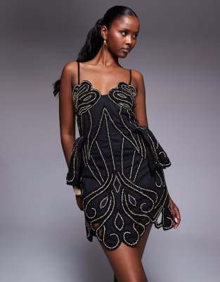 Asos Luxe Embellished Mini Dress With Sculpted Detail And Cutwork In Black
