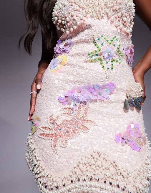 ASOS LUXE embellished ocean pearl encrusted mini dress with sequins in pink 