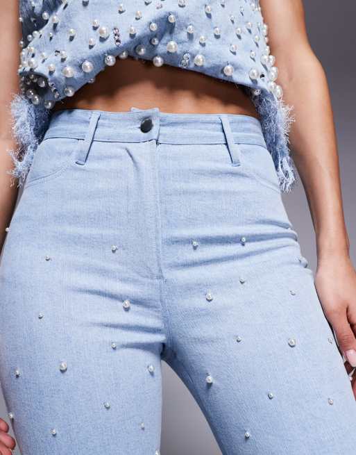 ASOS LUXE embellished pearl denim jeans with faux feather hem in