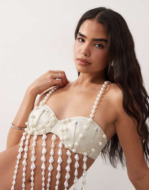 ASOS LUXE embellished pearl fringe bikini top in white, 3 of 4