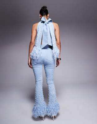 Asos Luxe Embellished Pearl Jean With Faux Feather Hem In Blue