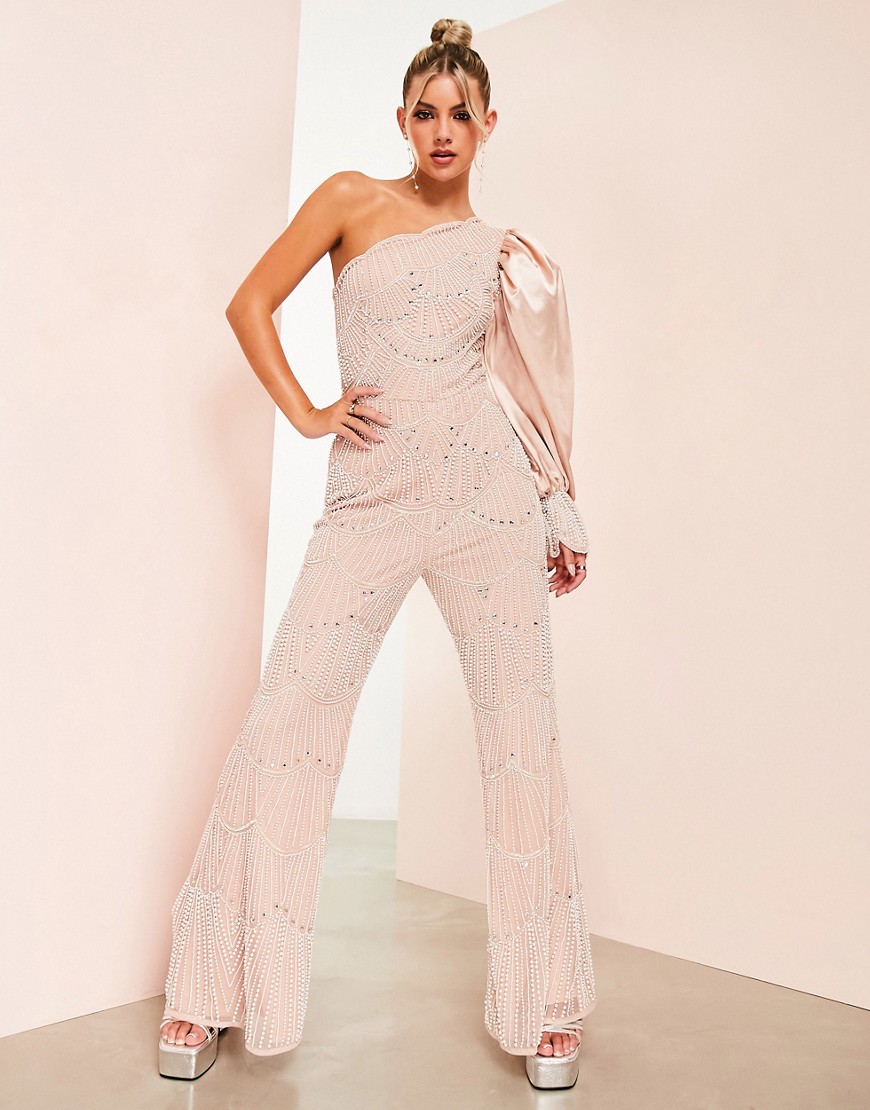 ASOS LUXE embellished pearl one sleeve jumpsuit in pink