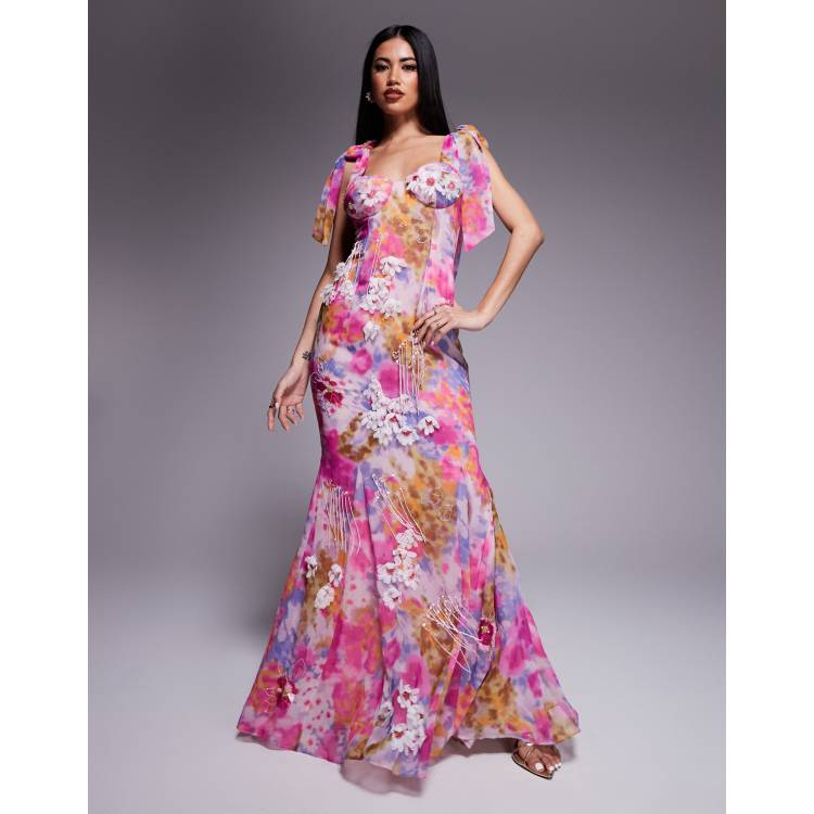 asos floral embellished maxi dress ASOS DESIGN floral embellished long sleeve ruffle bias maxi dress in deep  rust