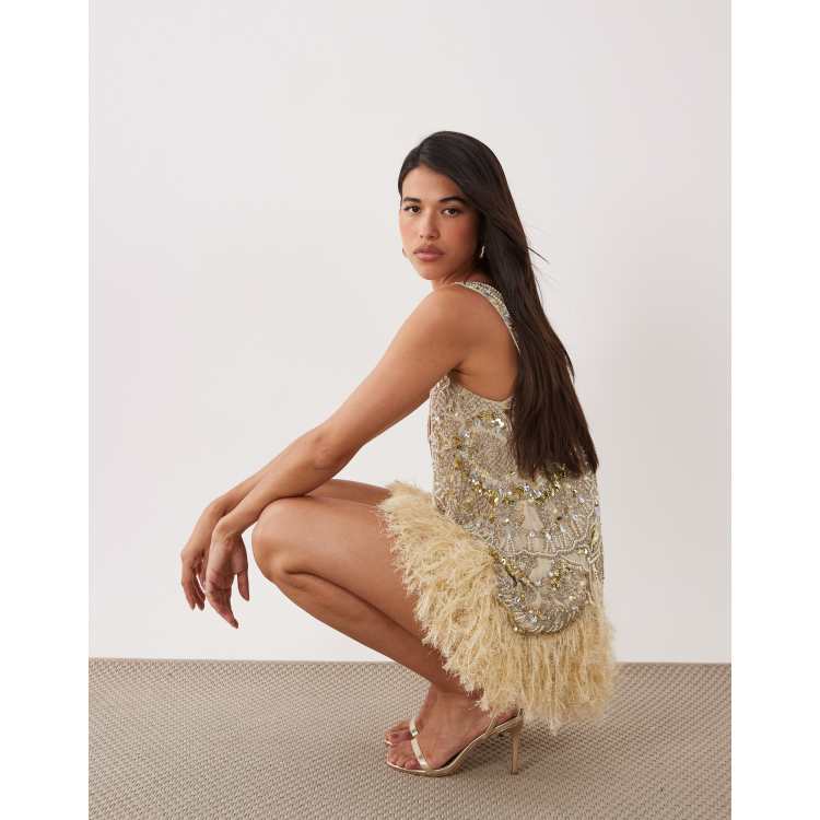 ASOS LUXE embellished scoop neck mini dress with faux feather hem in pale  yellow | ASOS
