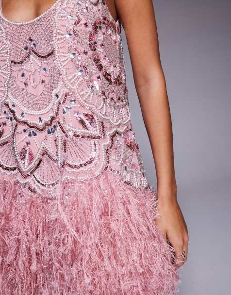 light pink sparkly dress Clara The open back is finished with an adjustable tie for a flirty look Women's Baby Pink Sequin Scoop