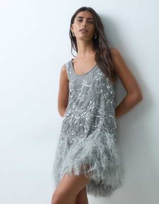 ASOS LUXE embellished scoop neck mini dress with faux feather hem in silver | AS