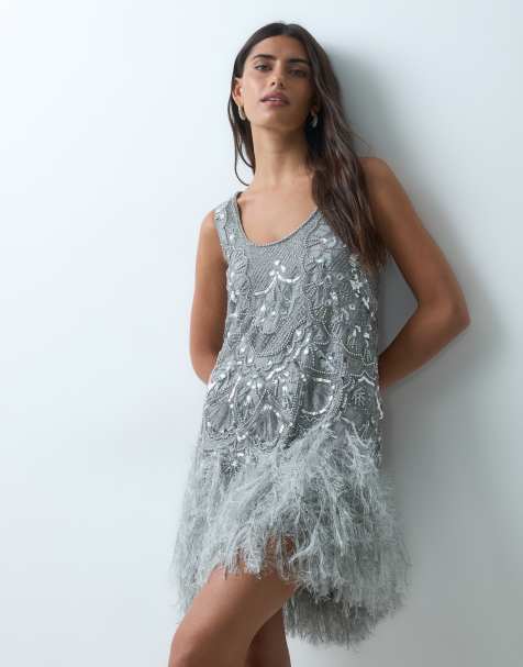 ASOS LUXE embellished scoop neck mini dress with faux feather hem in silver - view 1