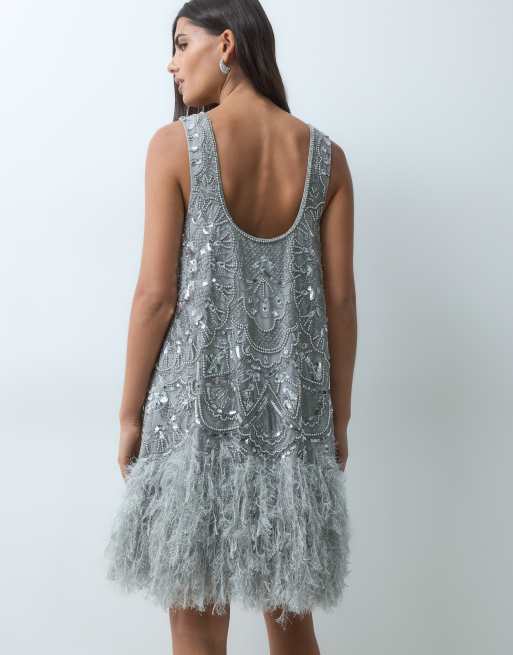 ASOS LUXE embellished scoop neck mini dress with faux feather hem in silver, 3 of 5