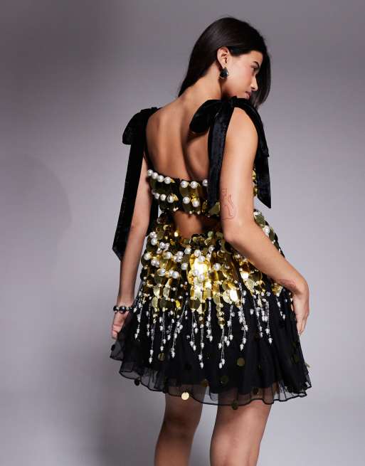 ASOS LUXE embellished sequin baby doll mini dress with faux pearls in black and gold