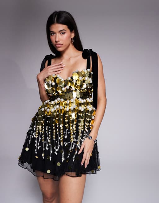 ASOS LUXE embellished sequin baby doll mini dress with pearls in black and gold