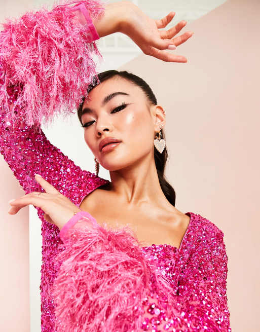 ASOS EDITION sequin cutwork mini dress with faux feather hem in pink