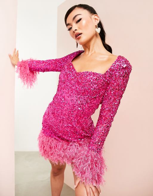 ASOS LUXE embellished sequin mini dress with heart back cut out faux feather trim in pink