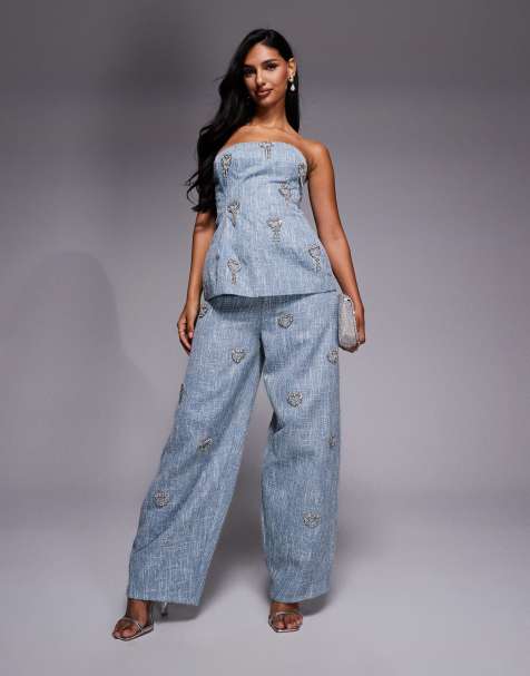 ASOS LUXE embellished set in blue bouclé - view 1