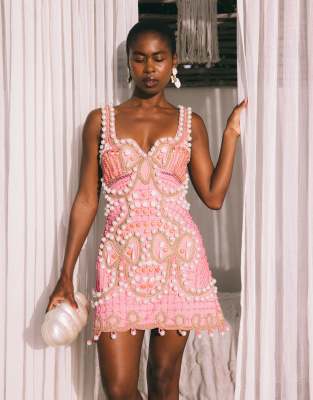 Asos Luxe Embellished Square Neck Mini Dress In Pink