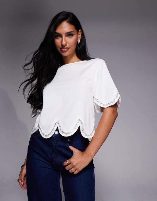 ASOS LUXE embellished t-shirt with heart cut out in white, 3 of 4