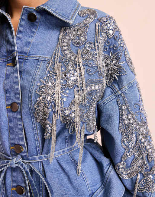 ASOS LUXE embellished tie denim jacket in mid wash blue ASOS