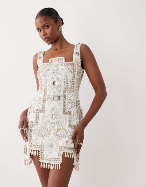 ASOS LUXE embellished tile mini dress with all over embellishment in white - view 1