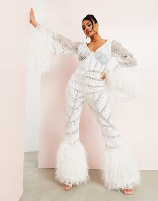 ASOS LUXE embellished wide leg jumpsuit with faux feather trim detail in white