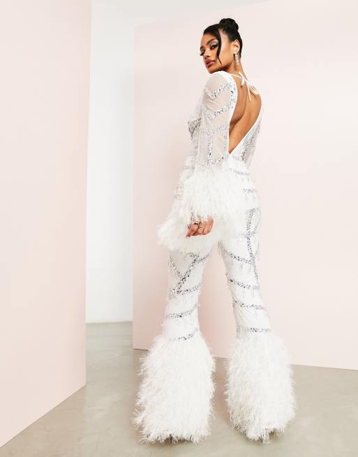 The Glamiest around White Embellished Bodysuit With Feathers cuffs