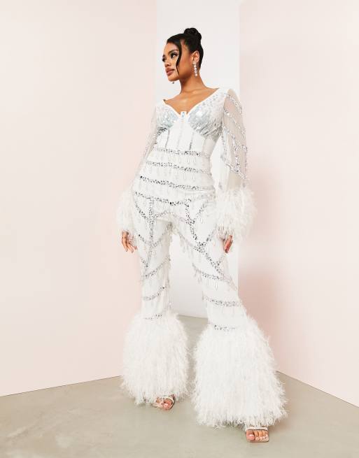 ASOS LUXE embellished wide leg jumpsuit with faux feather trim