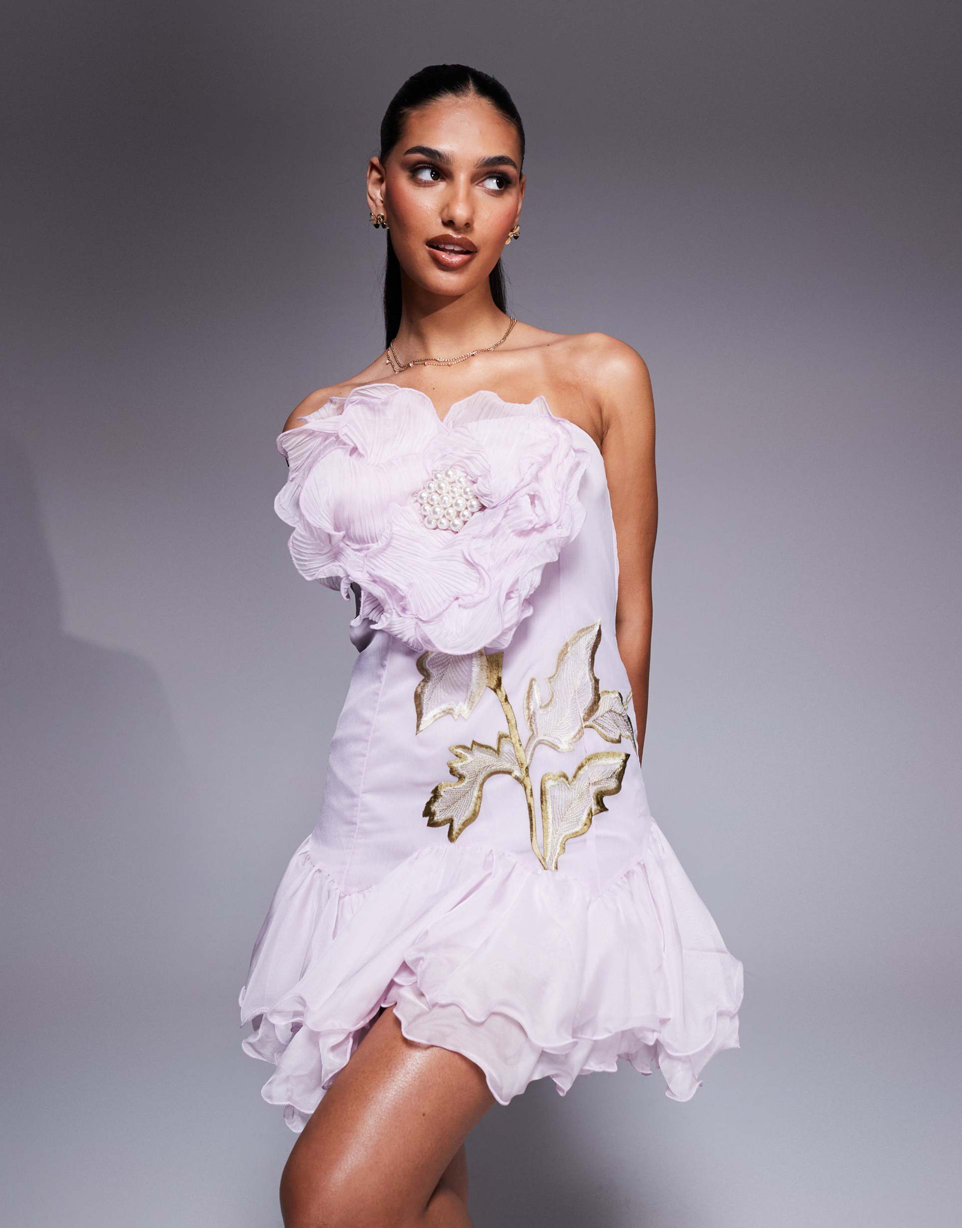 asos luxe embroidered 3d flower with pearl embellishment mini dress in blush