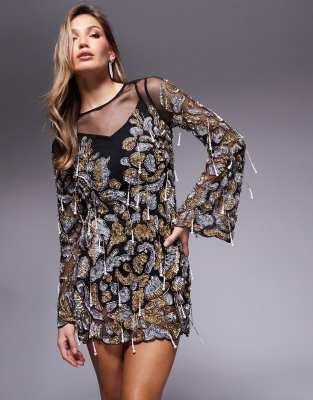 encrusted embellished mesh mini dress in black and gold-Multi