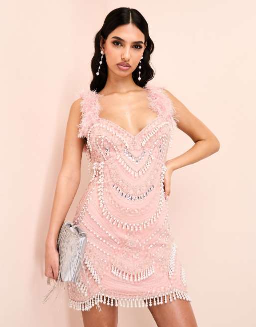 ASOS LUXE encrusted mini dress with faux pearl embellishment and faux  feather straps in pink