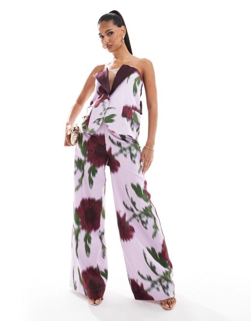 ASOS LUXE - Ensemble à imprimé fleuri flou avec pantalon de costume ample et blazer ajusté à encolure bandeau et nœud satiné