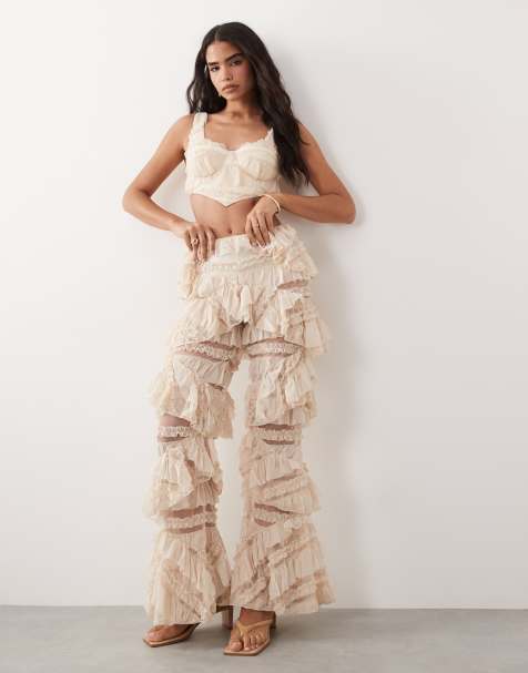 ASOS LUXE - Ensemble avec crop top effet corset à volants et pantalon large - Crème - view 1