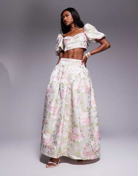 ASOS LUXE - Ensemble en jacquard avec top noué au dos à manches bouffantes et jupe longue - Motif tulipe - view 1