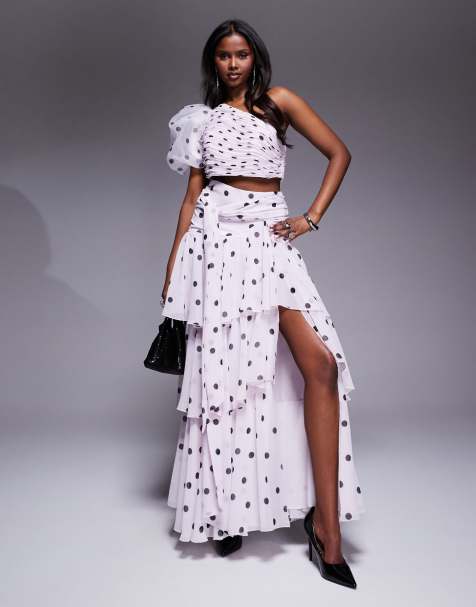 ASOS LUXE - Ensemble top asymétrique en organza à manche blousante et jupe longue à volants - Imprimé pois - view 1