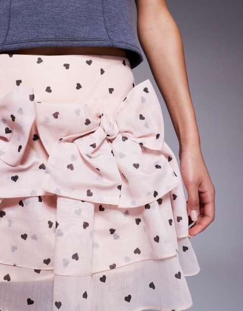 ASOS LUXE exaggerated blouson sleeve baby doll and bow front heart print mini skirt in pink - view 1