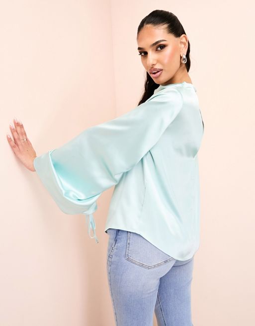 ASOS LUXE exaggerated satin drape top in blue