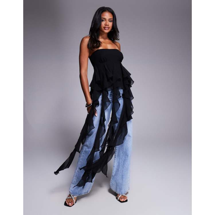 ASOS LUXE exaggerated waterfall ruffle top in black | ASOS