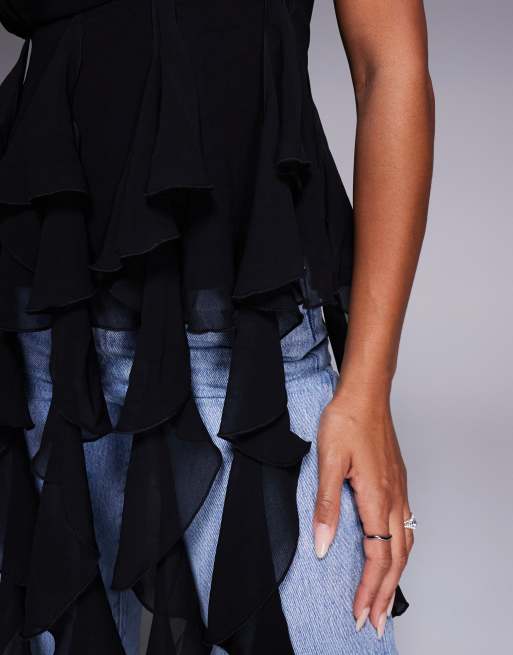 ASOS LUXE exaggerated waterfall ruffle top in black